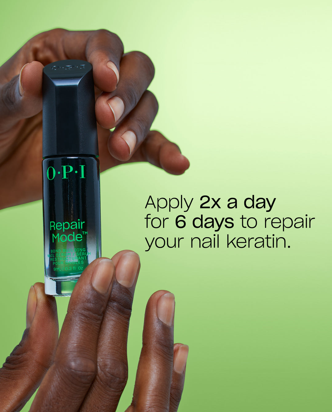 Hand holds OPI Repair Mode™ Bond Building Nail Serum treatment bottle against a light green background with on-pack text explaining to apply twice a day for six days, promoting a nail polish gift set and nail strengthener benefits.